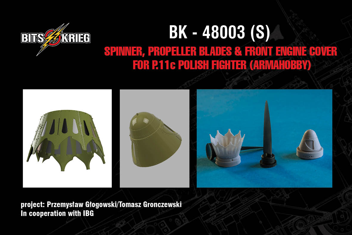 1/48 BitsKrieg BK48003S Spinner, Propeller blades & Engine cover for PZL P.11c Polish Fighter (Arma Hobby)