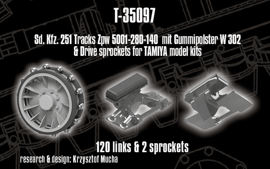 1/35 QuickTracks T-35097 Sd.Kfz. 251 Tracks Zpw 5001-280-140 & Drive sprockets for TAMIYA model kits