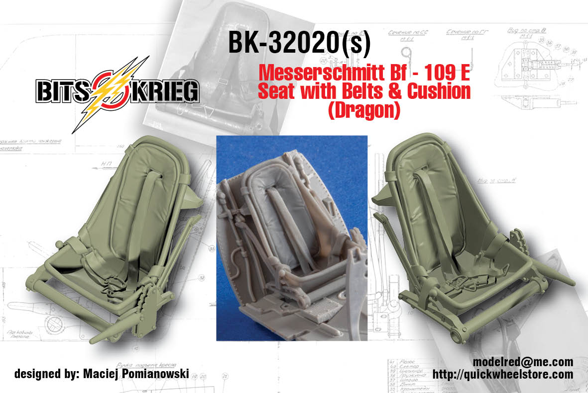 1/32 BitsKrieg BK32020 Messerschmitt Bf-109 E Seat with Belts & Cushion (Dragon)