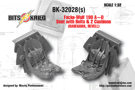 1/32 BitsKrieg BK32028 Focke-Wulf 190 A~D Seat with Belts & 2 Cushions (Hasegawa, Revell)