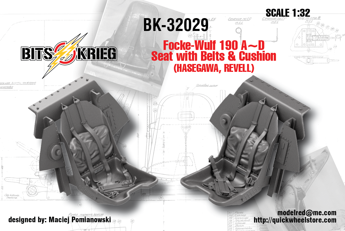 1/32 BitsKrieg BK32029 Focke-Wulf 190 A~D Seat with Belts & Back Cushion (Hasegawa, Revell)