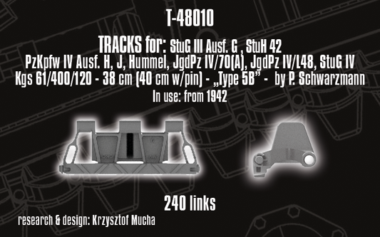 1/48 QuickTracks T-48010 Tracks for StuG III Ausf. G; StuH 42; Pz.Kpfw. IV Ausf. H; Hummel; Jgd.Pz. IV/70(A); Jgd.Pz. IV/L48; StuG IV - "type 5B". 1942+ prod.