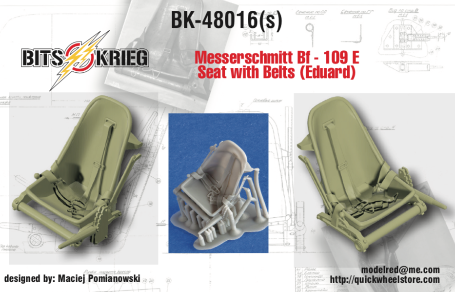 1/48 BitsKrieg BK48016S Messerschmitt Bf-109 E Seat with Belts (Eduard)