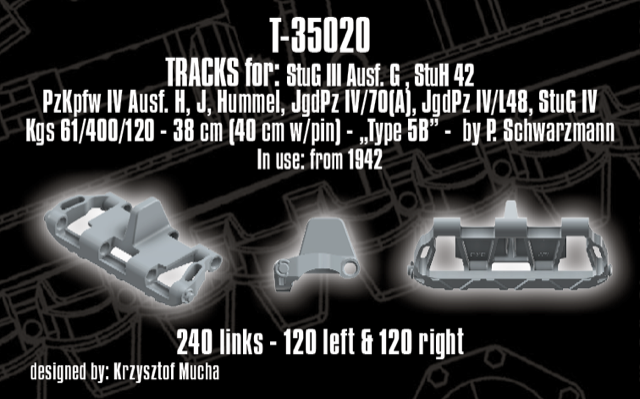 1/35 QuickTracks T-35020 Tracks for StuG III Ausf. G; StuH 42; Pz.Kpfw. IV Ausf. H; Hummel; Jgd.Pz. IV/70(A); Jgd.Pz. IV/L48; StuG IV - "type 5B". 1942+ prod.