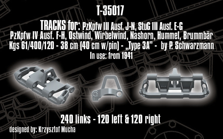 1/35 QuickTracks T-35017 Tracks for Pz.Kpfw. III Ausf. J-N; StuG III Ausf. E-G; Pz.Kpfw. IV Ausf. F-H; Ostwind; Wirbelwind; Nashorn; Hummel; Brummbar - "type 3A". 1941+ prod.